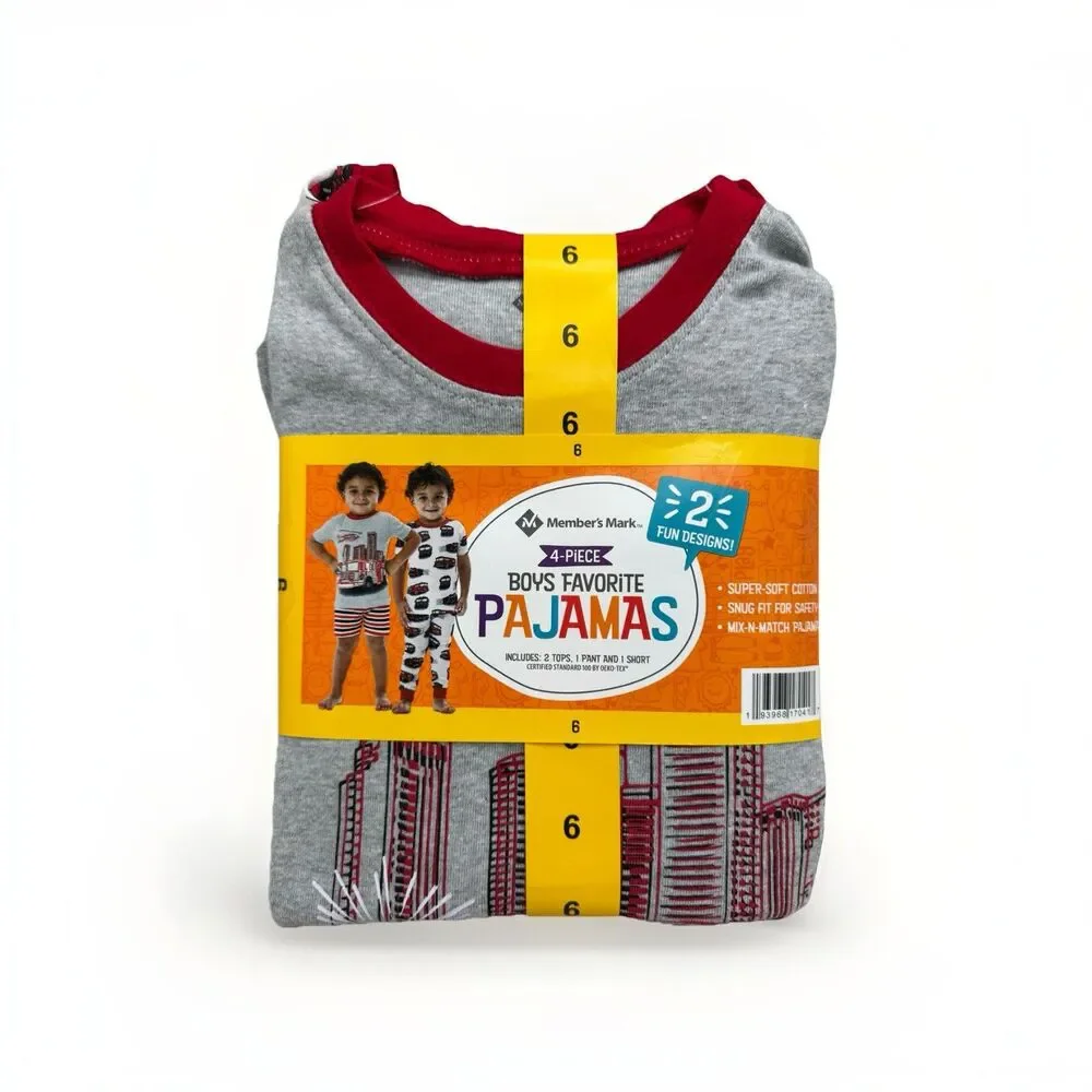 Member's Mark 4 Piece Set Of 2 Boys NWT Favorite Pajamas Fire Trucks Size 6 - Picture 1 of 3